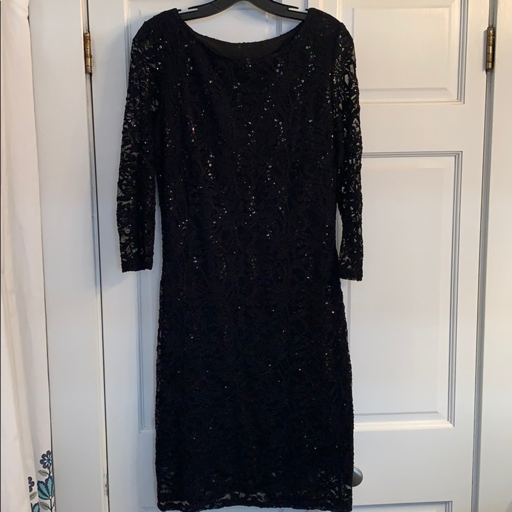 Marina 3/4 sleeve black lace and sequin dress